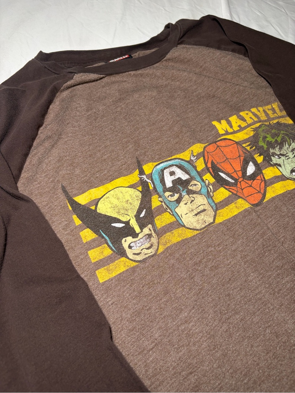 MAD Engine Marvel Crewneck Tee - Brown with Avenger Heros Est Size M (22x17)